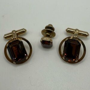 ✨ Vintage Destino 12K Gold-Filled Cufflinks & Stud Set – Smoky Brown Glass